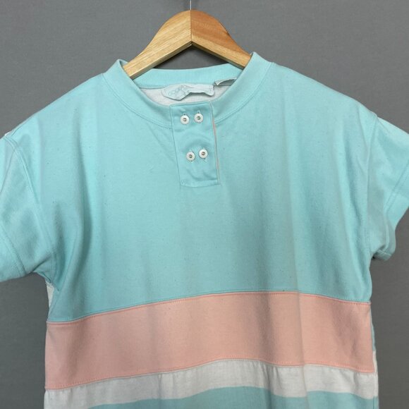Vintage 80s Shirt Striped FLAWS Pastel Short Sleeves Button Collar Women Retro - Picture 4 of 12